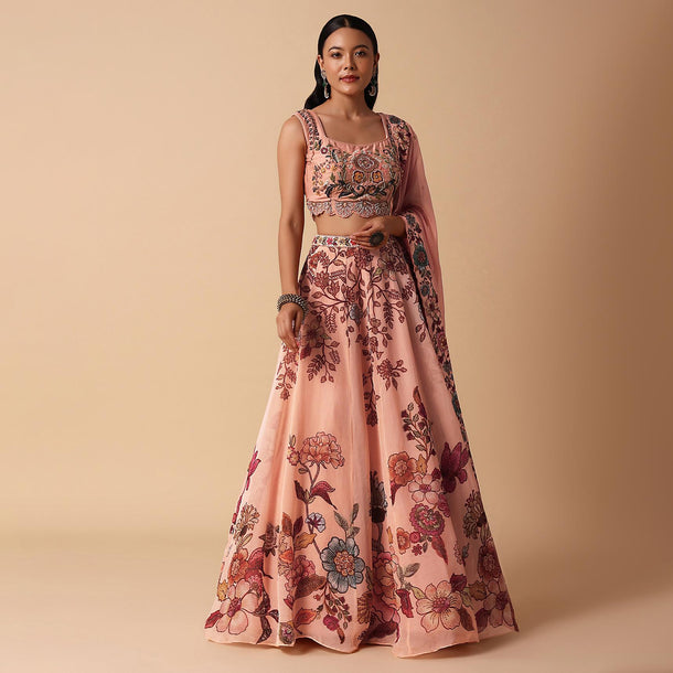 Peach Printed Lehenga With Embroidered Choli And Dupatta