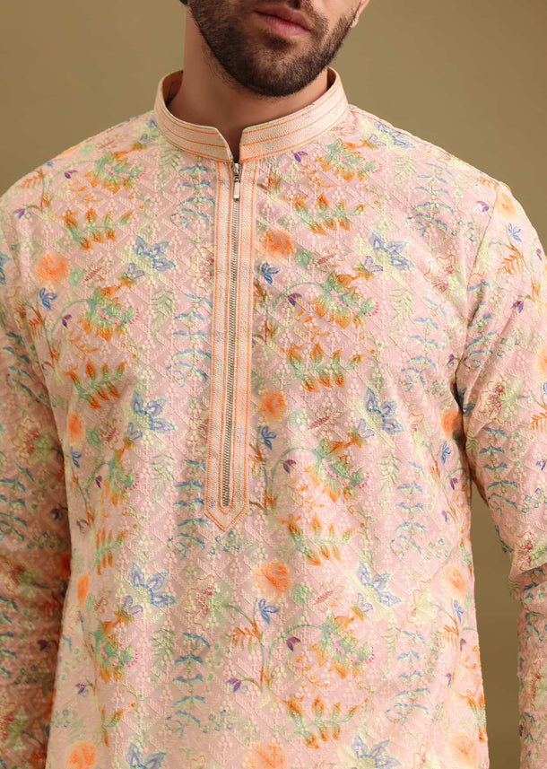 Peach Printed Silk Kurta Set For Men