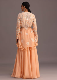Peach Resham Work Jacket And Croptop Palazzo Set