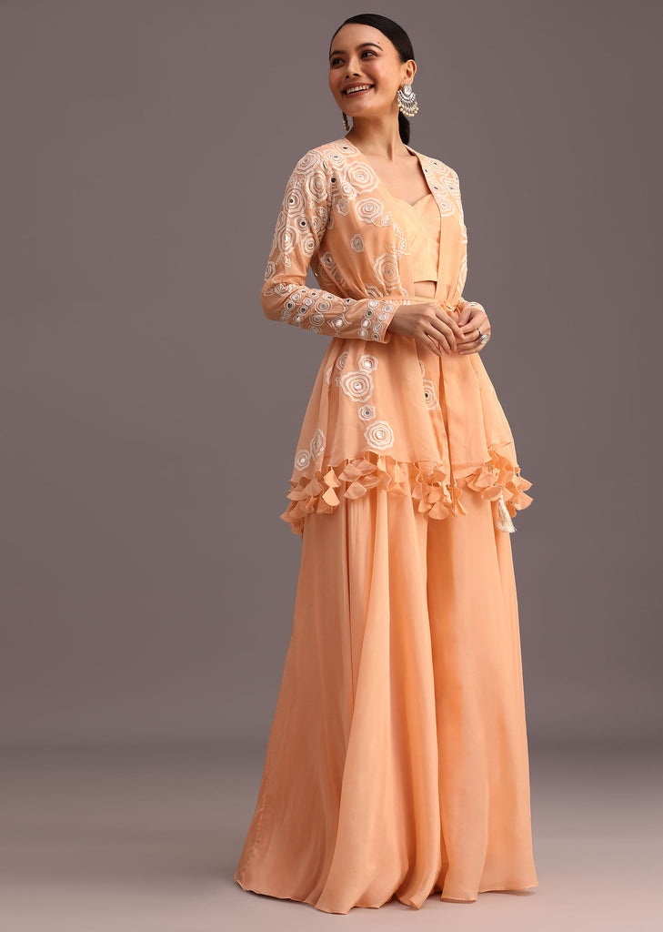 Peach Resham Work Jacket And Croptop Palazzo Set