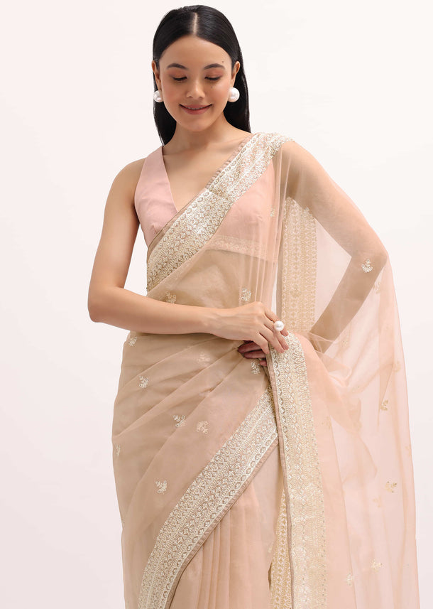 Peach Resham Work Organza Saree With Unstitched Blouse