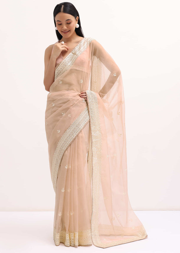 Peach Resham Work Organza Saree With Unstitched Blouse