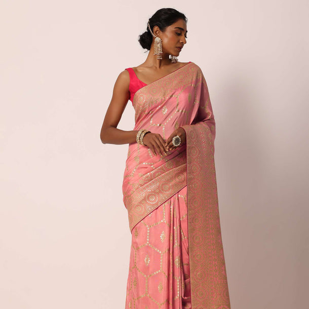 Peach Saree In Banarasi Silk With Hexagon Jaal Weave And Unstitched Blouse Piece