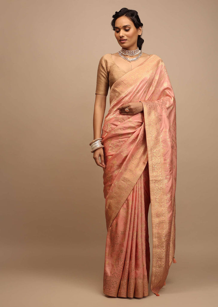 Peach Saree In Dola Silk With Woven Floral Jaal And Intricate Floral Pallu
