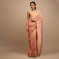 Peach Saree In Dola Silk With Woven Floral Jaal And Intricate Floral Pallu