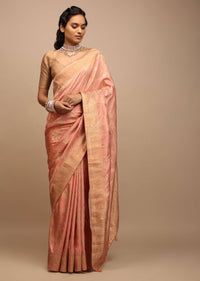 Peach Saree In Dola Silk With Woven Floral Jaal And Intricate Floral Pallu