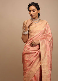 Peach Saree In Dola Silk With Woven Floral Jaal And Intricate Floral Pallu