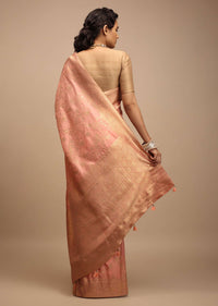 Peach Saree In Dola Silk With Woven Floral Jaal And Intricate Floral Pallu