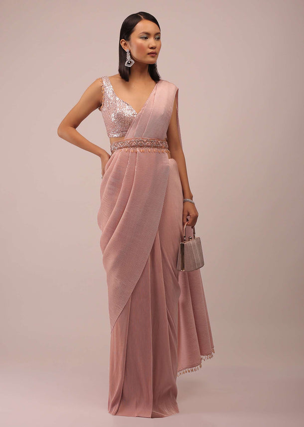 Peach Saree With A Crop Top Crafted In Net With Sequins Embroidery