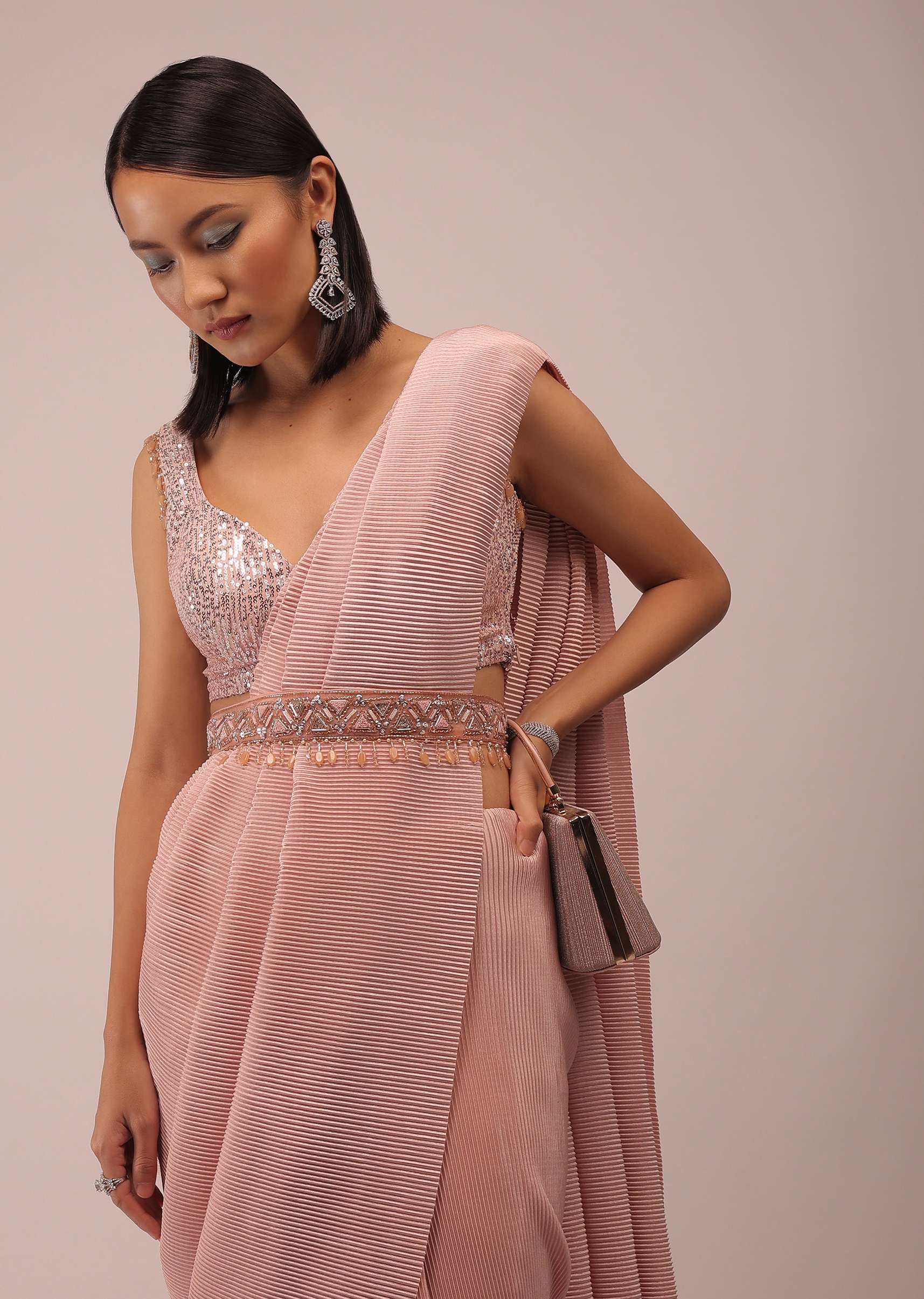 Peach Saree With A Crop Top Crafted In Net With Sequins Embroidery