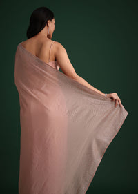 Peach Satin Heavy Embroidered Saree With Stones And Diamonds All Over