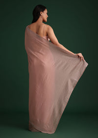 Peach Satin Heavy Embroidered Saree With Stones And Diamonds All Over