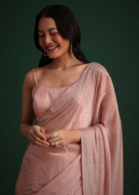 Peach Satin Heavy Embroidered Saree With Stones And Diamonds All Over