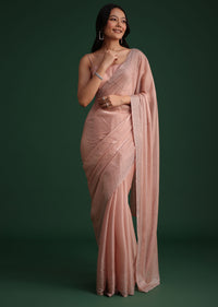 Peach Satin Heavy Embroidered Saree With Stones And Diamonds All Over