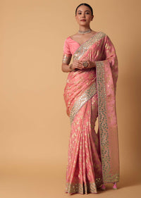 Peach Satin Organza Saree With Floral Zari Jaal Weave And Unstitched Blouse Piece