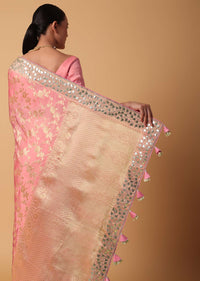 Peach Satin Organza Saree With Floral Zari Jaal Weave And Unstitched Blouse Piece