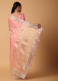 Peach Satin Organza Saree With Floral Zari Jaal Weave And Unstitched Blouse Piece