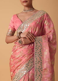 Peach Satin Organza Saree With Floral Zari Jaal Weave And Unstitched Blouse Piece