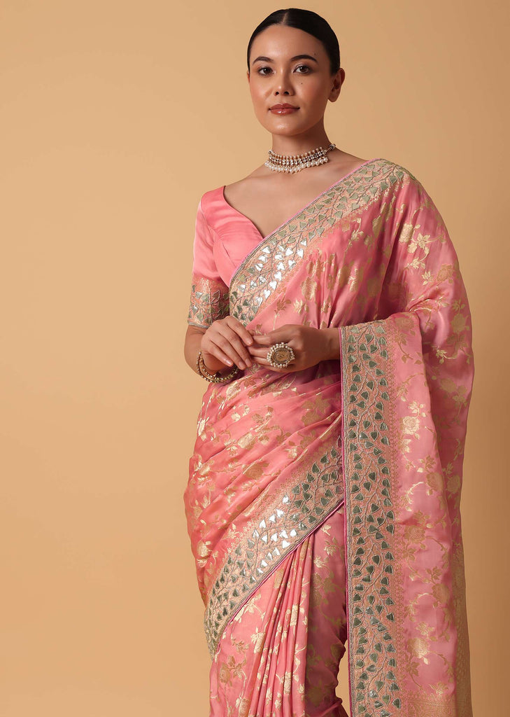 Peach Satin Organza Saree With Floral Zari Jaal Weave And Unstitched Blouse Piece