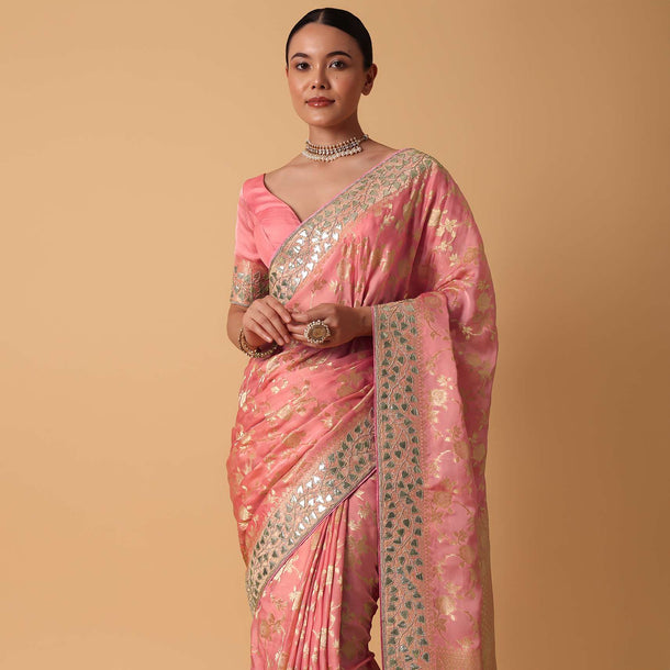 Peach Satin Organza Saree With Floral Zari Jaal Weave And Unstitched Blouse Piece