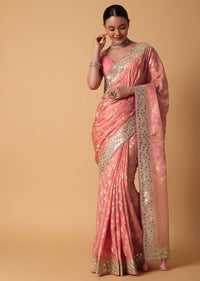 Peach Satin Organza Saree With Floral Zari Jaal Weave And Unstitched Blouse Piece