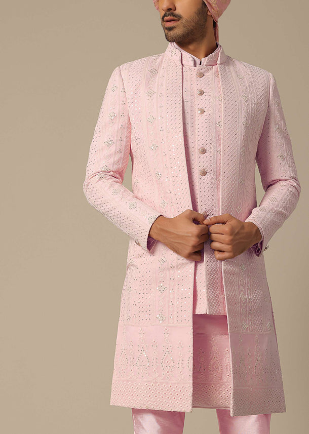 Pink Sequin Embellished Sherwani Set