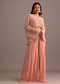 Peach Sequins Cape And Crop Top Palazzo Set