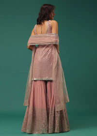 Peach Sequins Embroidered Sharara Suit Set In Georgette