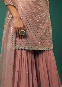 Peach Sequins Embroidered Sharara Suit Set In Georgette