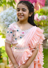 Kalki Girls Peach Sharara Saree With Floral Embellished Blouse And Ruffle Drape
