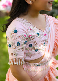 Kalki Girls Peach Sharara Saree With Floral Embellished Blouse And Ruffle Drape