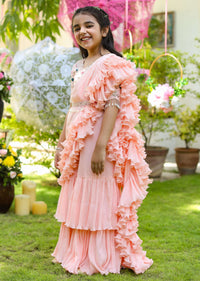 Kalki Girls Peach Sharara Saree With Floral Embellished Blouse And Ruffle Drape