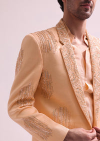 Peach Shawl Lapel Embellished Tuxedo With Shirt And Pants