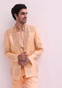 Peach Shawl Lapel Embellished Tuxedo With Shirt And Pants