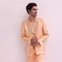 Peach Shawl Lapel Embellished Tuxedo With Shirt And Pants