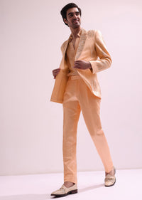 Peach Shawl Lapel Embellished Tuxedo With Shirt And Pants