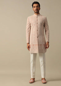 Peach Sherwani Set With Intricate Embroidery