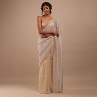 Peach Shimmer Saree In Gold Sequins And Stones Embroidery With Beads And Stones On The Pallu Border