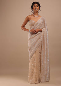 Peach Shimmer Saree In Gold Sequins And Stones Embroidery With Beads And Stones On The Pallu Border