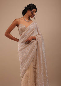 Peach Shimmer Saree In Gold Sequins And Stones Embroidery With Beads And Stones On The Pallu Border