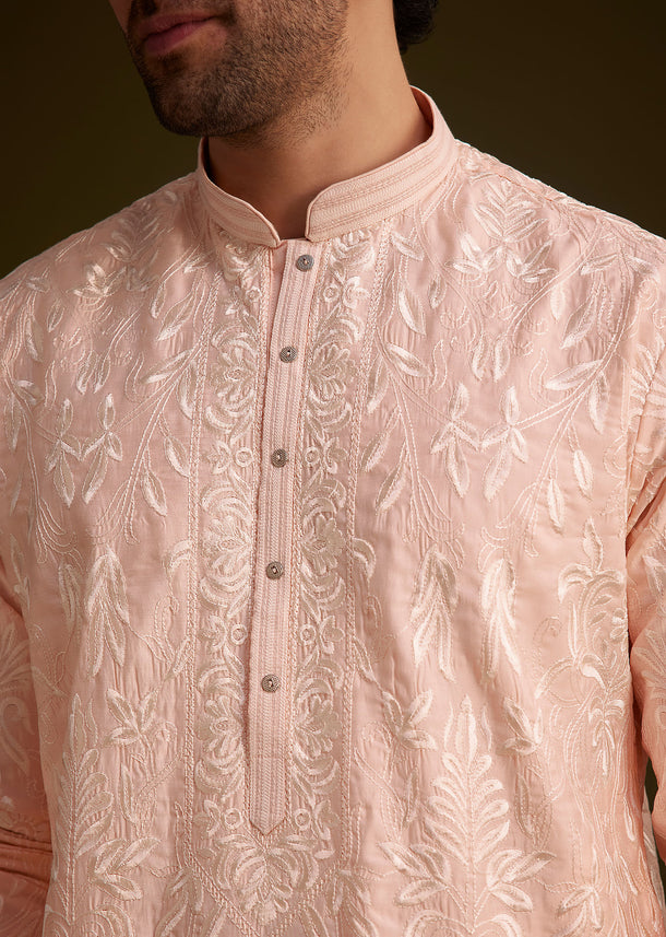 Peach Silk Embroidered Kurta Set