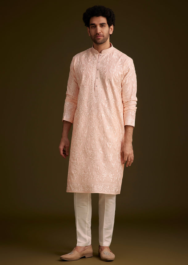 Peach Silk Embroidered Kurta Set