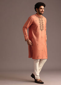 Peach Silk Hand Embroidered Kurta Set