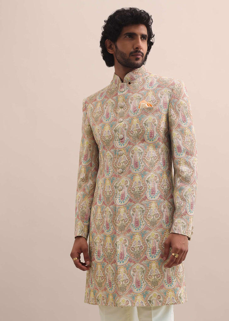 Peach Silk Jodhpuri Suit In Threadwork For Men