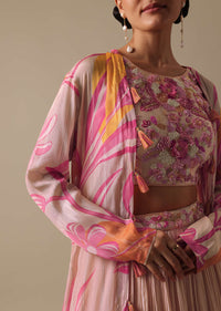 Peach Silk Lehenga Set With Floral Jacket