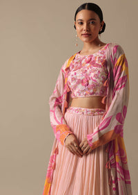 Peach Silk Lehenga Set With Floral Jacket