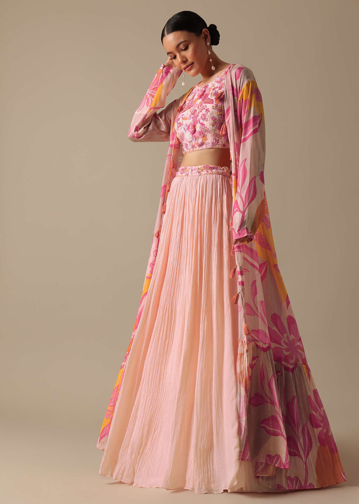 Peach Silk Lehenga Set With Floral Jacket