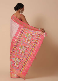 Peach Silk Patola Print Saree With Foil Worked Border And Unstitched Blouse Piece