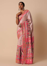 Peach Silk Patola Print Saree With Foil Worked Border And Unstitched Blouse Piece