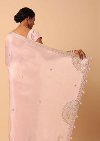 Peach Silk Saree With Gota Patti Work Border And Unstitched Blouse Piece